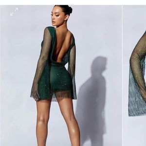 Meshki NWOT Samira Emerald Green Rhinestone Sheer Low Back Dress- Still Online